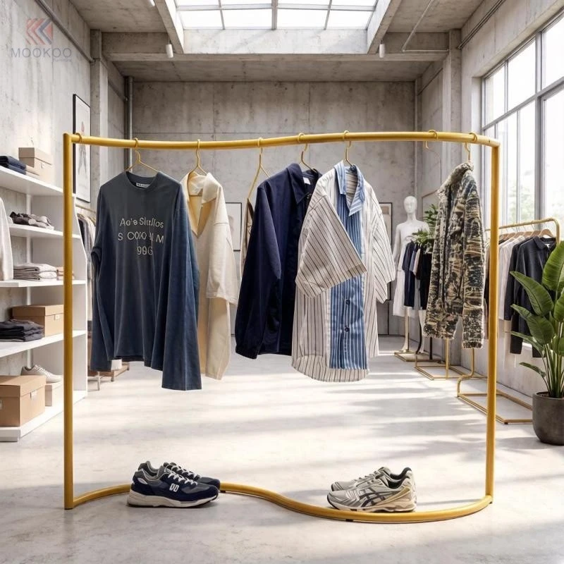 Heavy Duty Matte Green Rotating Varnish Clothing Display Rack Double Row Garment Hanging Rail Bottom Shoe Rack Shelf factory